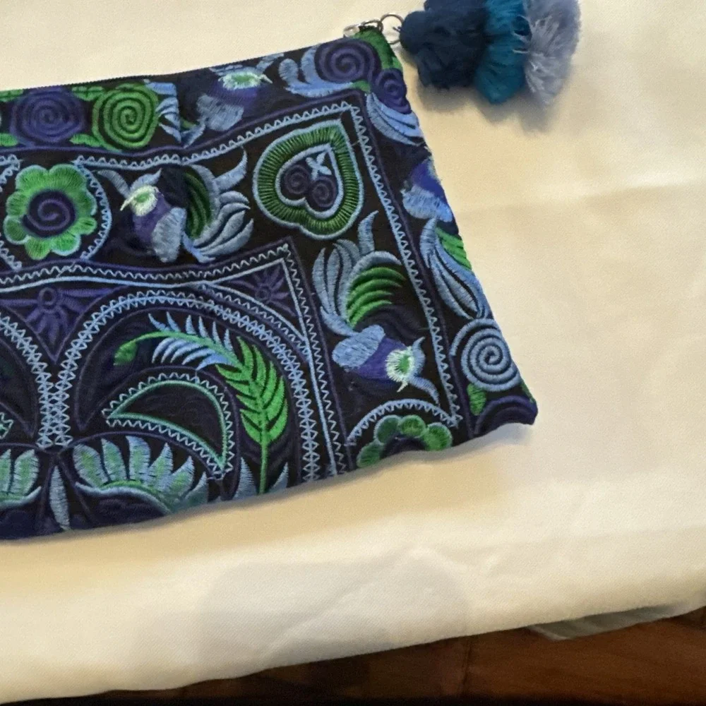 Embroidered‎ Clutch Wallet Beads Boho Tassel Blue Green Floral Festival